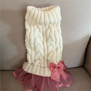 Cream Cable Knit Dog Sweater with Pink Tulle Skirt